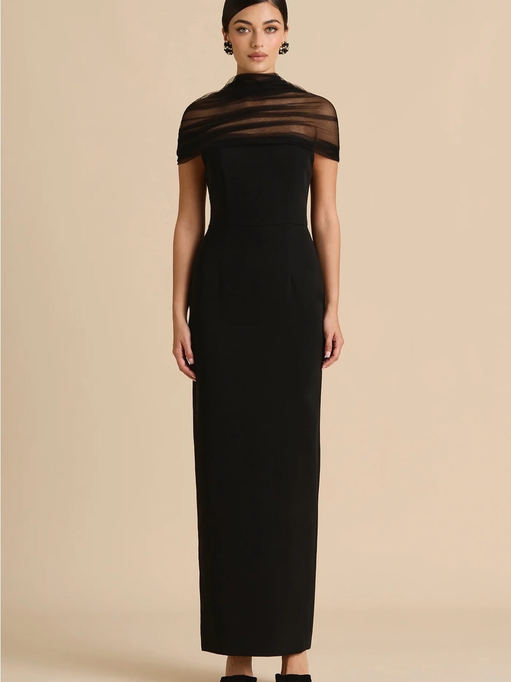 Elegant Black Maxi Dress with Sheer Capelet